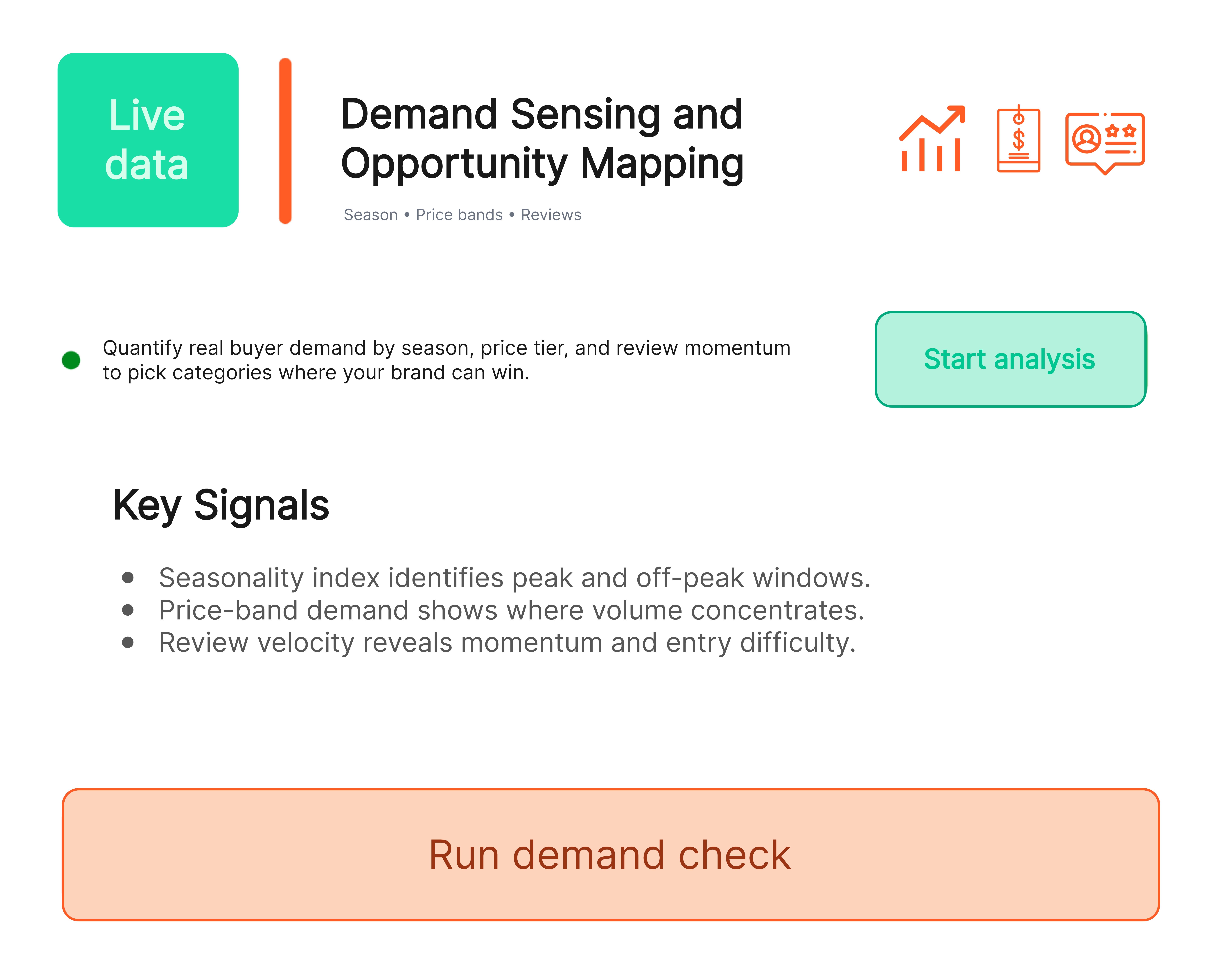 SellerSprite Demand Sensing and Opportunity Mapping Banner: Demand Sensing and Opportunity Mapping. Live data badge, headline, subhead about quantifying demand by season, price bands, and review momentum, three signal icons, key-signals list, and ‘Run demand check’ CTA.
