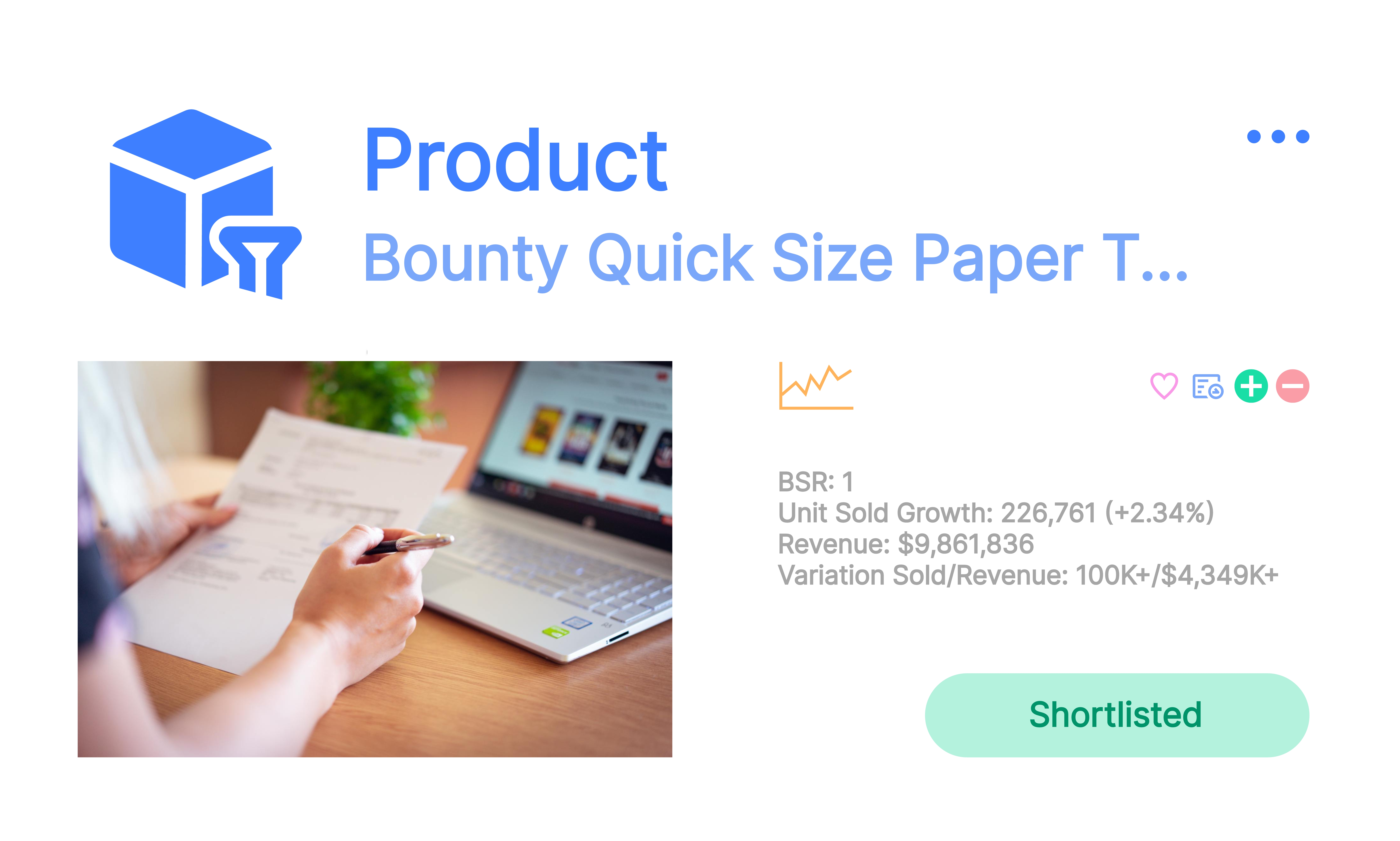 SellerSprite Amazon Research: Bounty Quick Size… BSR #1; +226,761 units (+2.34%); $9.86M rev; 100K+ vars; Shortlisted.